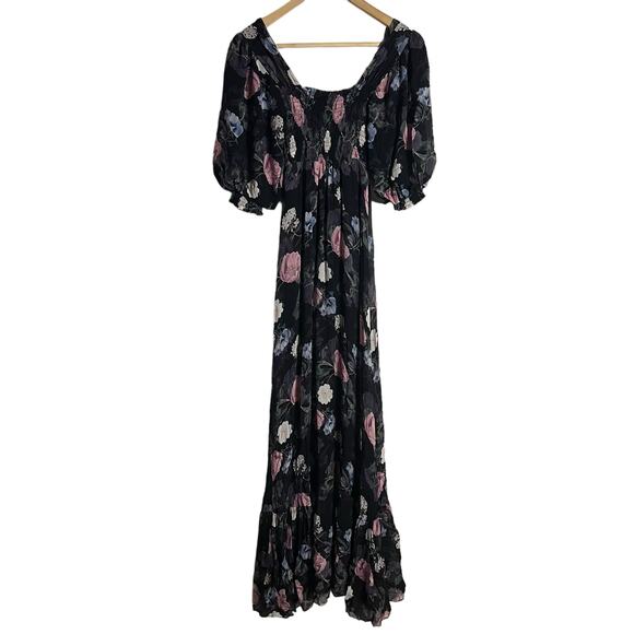 Nicholas Black Floral Silk Square Neck Smocked Maxi Dress Size 0 - Picture 12 of 15